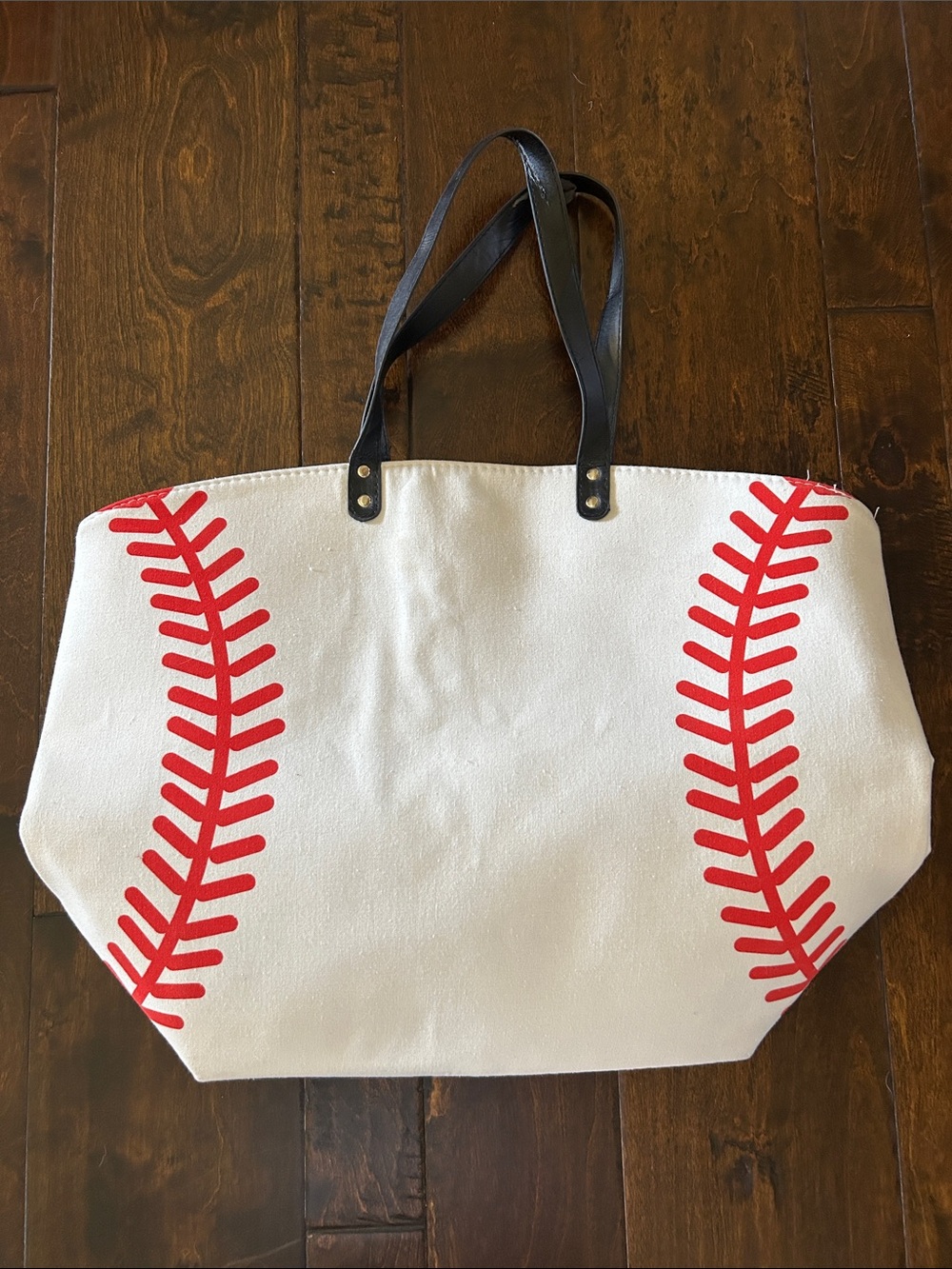 White Canvas Baseball Stitch Tote with Black Handles